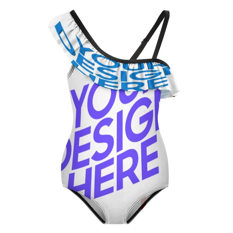 Maillot de bain enfant fille à volants et bretelle spaghetti personnalisée avec prénom motif texte (conception multi-images)