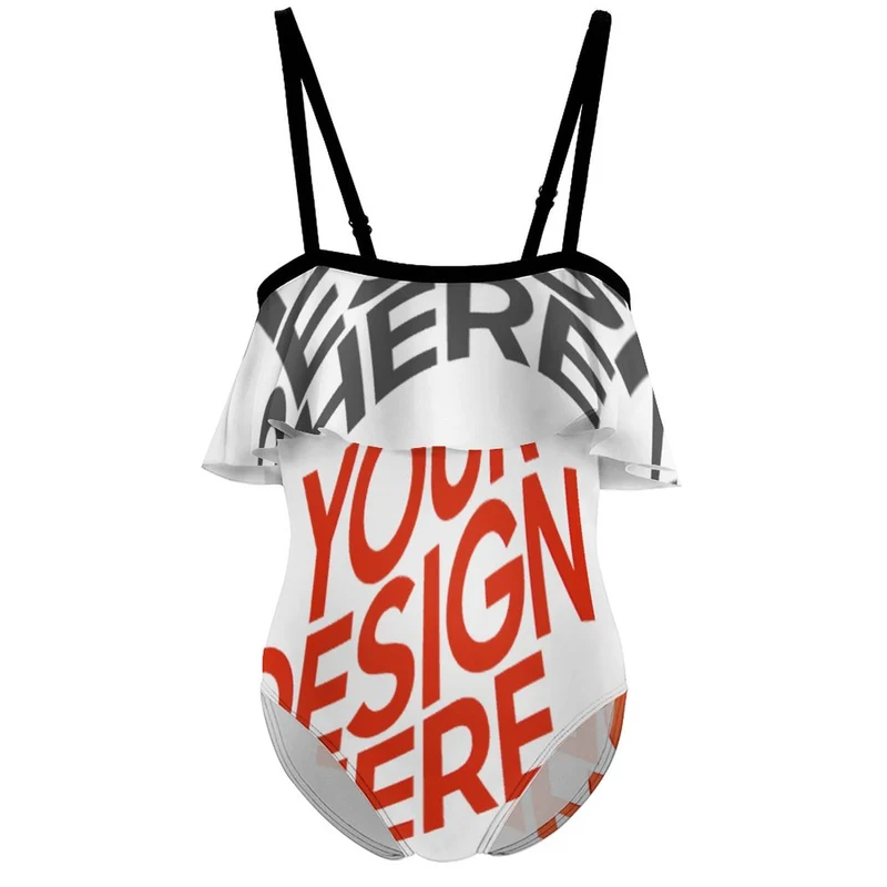 Maillot de bain NT045 enfant fille épaules dénudées à volants personnalisée avec prénom motif texte (conception multi-images)