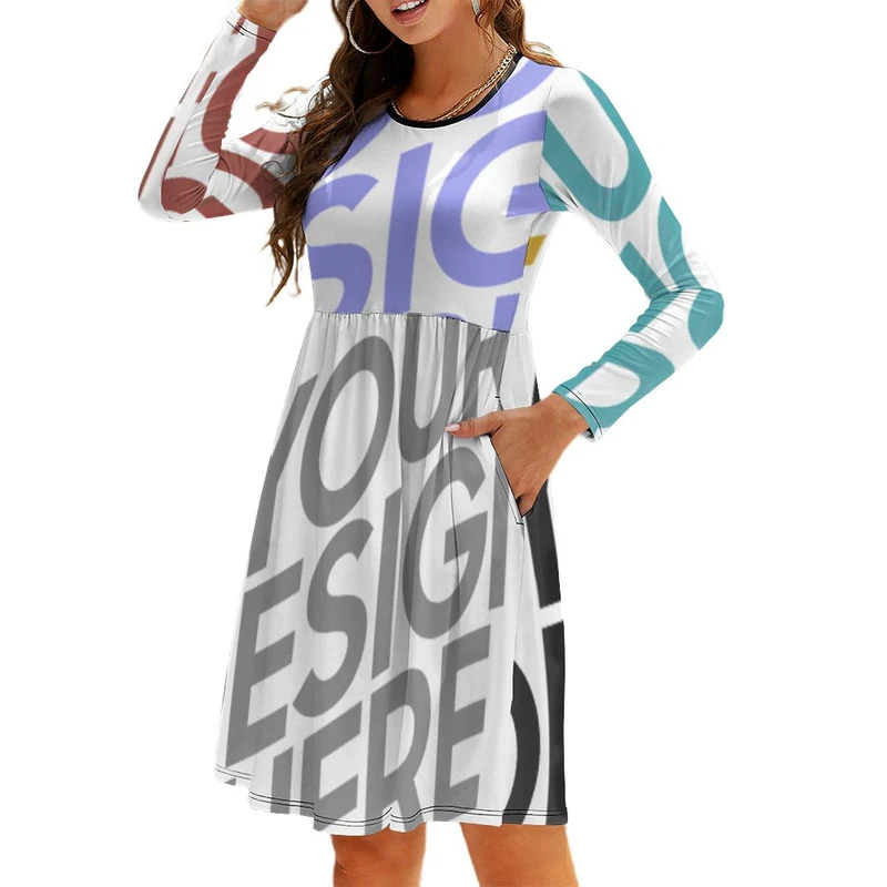 Robe élégante en jersey pour femme à manches longues NZ036 personnalisée avec texte motif photo (conception multi-images)