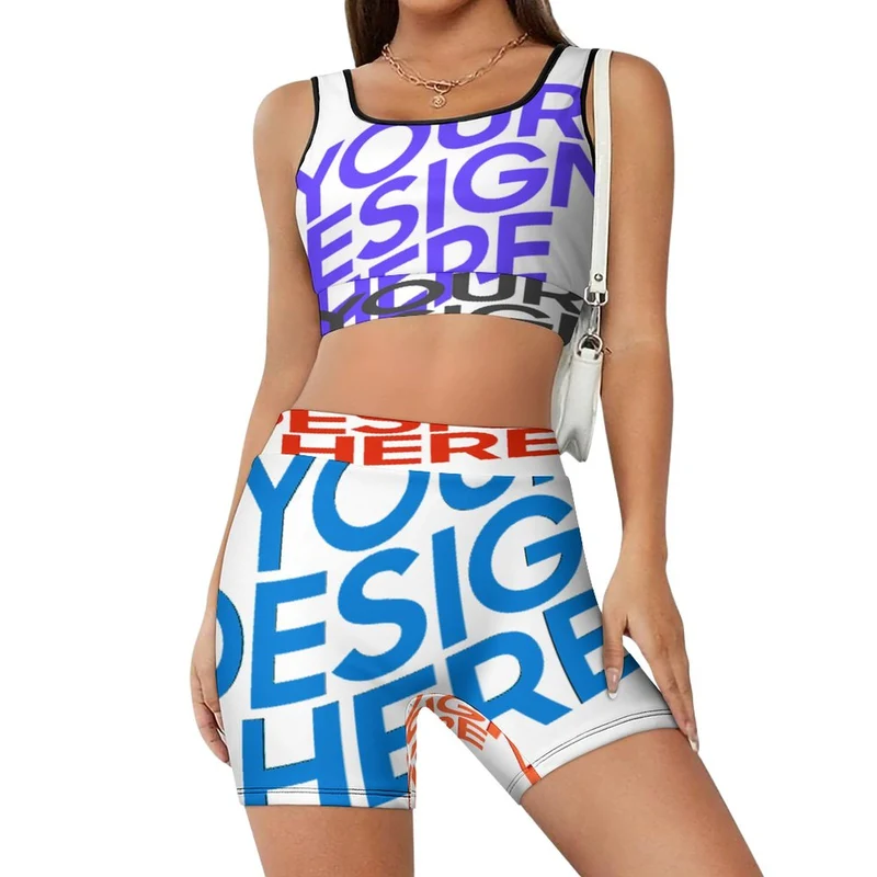 Ensemble de survêtement de yoga de haute qualité avec haut court et short 2 pièces YJ052 personnalisé avec texte de motif photo (conception multi-images)