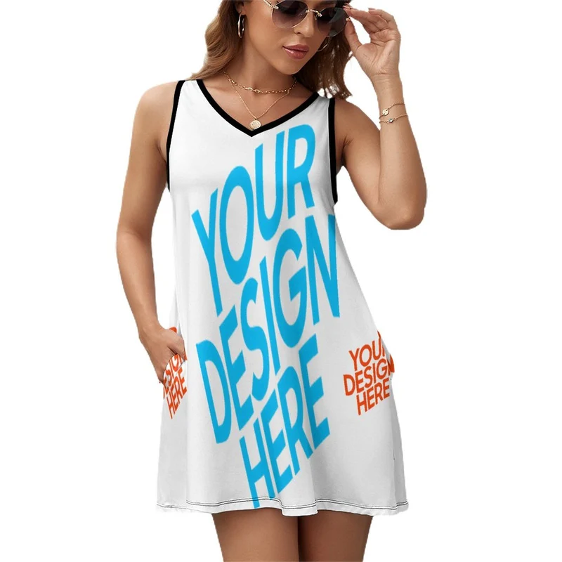 Robe d'été sans manches avec décolleté en V avec poches NZ012 femme personnalisée avec photo motif logo texte (impression d'image unique)
