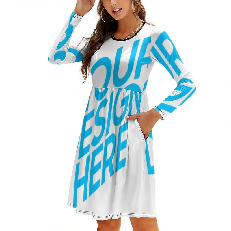 Robe ajustée à manches longues à col rond pour femme NZ036 personnalisée avec vos photos images ou texte (impression d'image unique)