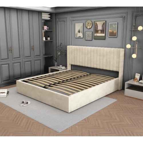 LIT DOUBLE COFFRE CAMILLE VELOURS BEIGE 160x200CM EURODESIGN L96BE160