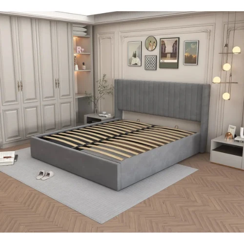 LIT DOUBLE COFFRE CAMILLE VELOURS GRIS 160x200CM EURODESIGN L96G160