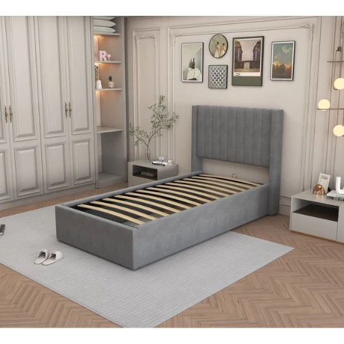LIT SIMPLE COFFRE CAMILLE VELOURS GRIS 90x190CM EURODESIGN L96G90
