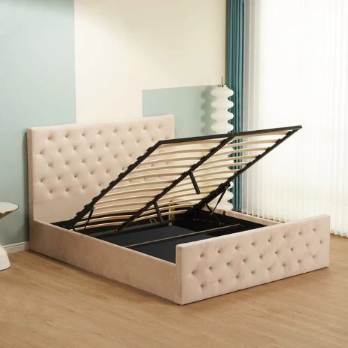 Lit Coffre Victoria Capitonne Avec Diamant Velours Beige 140X190 Cm EURODESIGN 717BE140