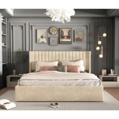 Lit Double Coffre Camille Velours Beige 140x190cm EURODESIGN L96BE140