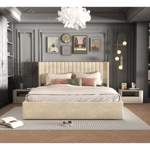 Lit Double Coffre Camille Velours Beige 140 x 190CM