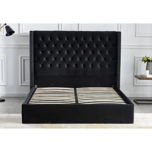LIT DOUBLE CLOUTE CAPITONNE AVEC COFFRE VELOURS NOIR 180x200 cm EURODESIGN 738N180