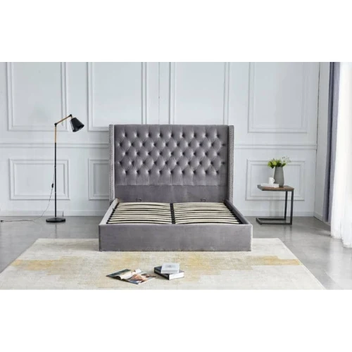 LIT DOUBLE CLOUTE CAPITONNE AVEC COFFRE VELOURS GRIS 180x200 cm EURODESIGN 738G180
