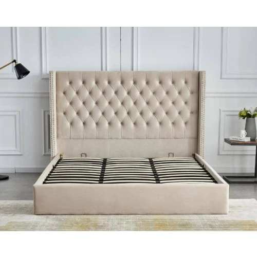 LIT DOUBLE CLOUTE CAPITONNE AVEC COFFRE VELOURS BEIGE 180x200 cm EURODESIGN 738BE180