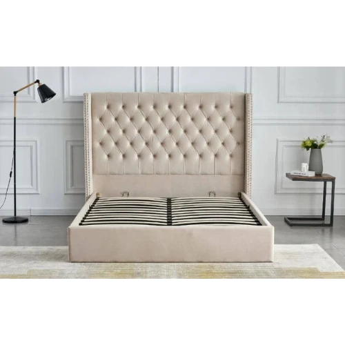 LIT DOUBLE CLOUTE CAPITONNE AVEC COFFRE VELOURS BEIGE 160x200 cm EURODESIGN 738BE160