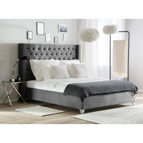 LIT DOUBLE CLOUTE CAPITONNE VELOURS GRIS 180x200 cm EURODESIGN 728G180