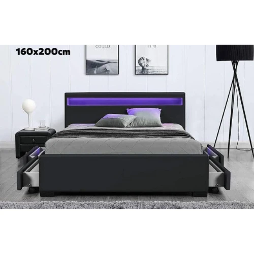 LIT LED EN SIMILICUIR NOIR A TIROIRS 160x200 cm EURODESIGN 722N160
