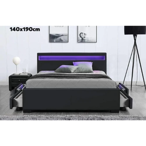 LIT LED EN SIMILICUIR NOIR A TIROIRS 140x190 cm EURODESIGN 722N140