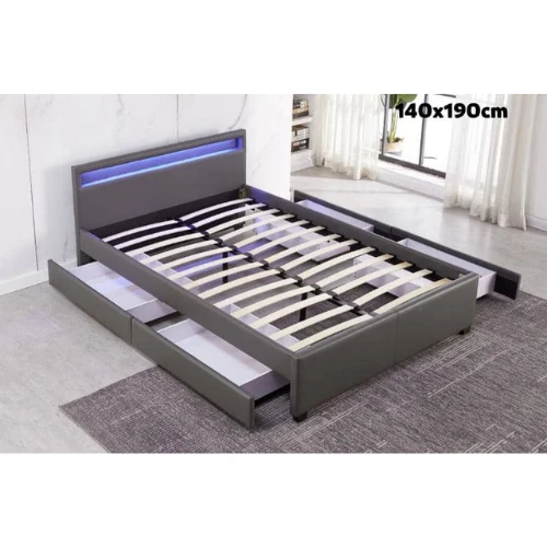 LIT LED EN SIMILICUIR GRIS A TIROIRS 140x190 cm EURODESIGN 722G140