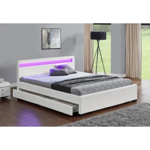 LIT LED EN SIMILICUIR BLANC A TIROIRS 160x200 cm EURODESIGN 722B160