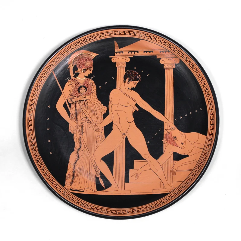 Assiette grecque avec Athéna et Thésée à figures rouges