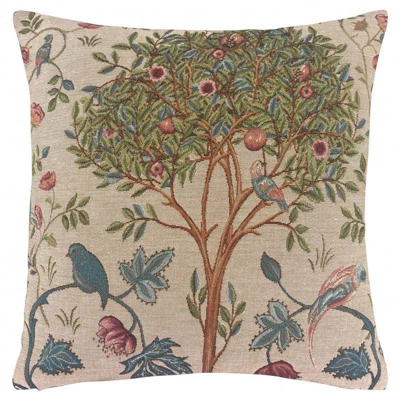 Coussin Beige – Arbre avec Oiseaux (Tapisserie Gobelin, Tissage Jacquard)