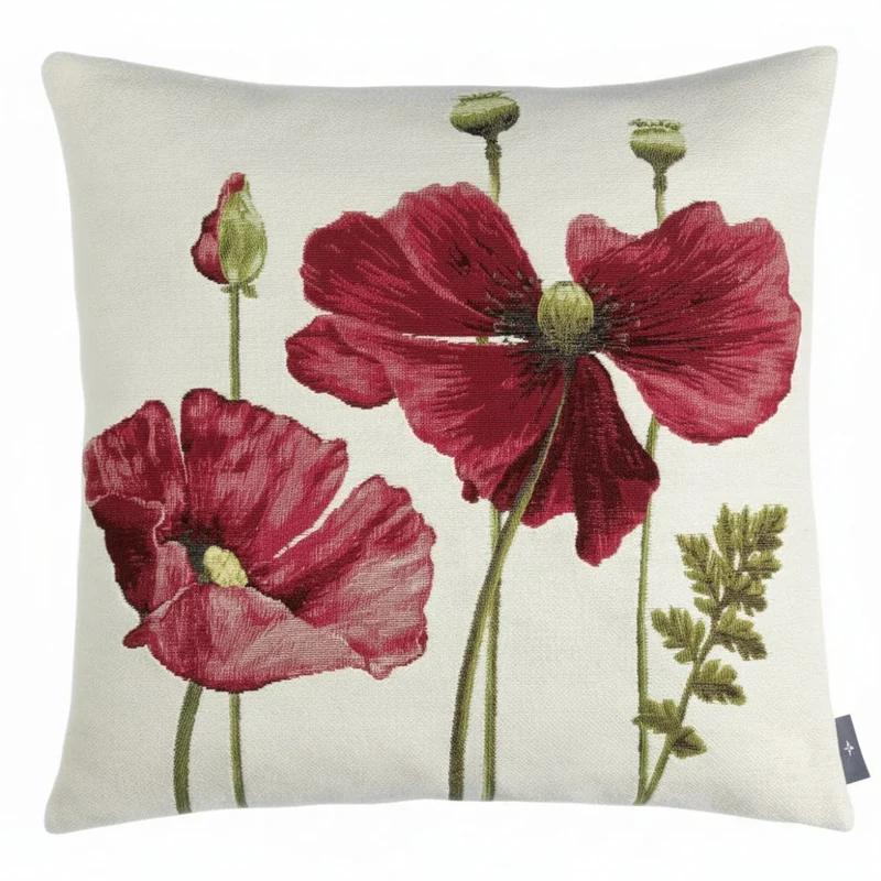 Coussin Blanc – Coquelicots Rouges en Fleur (Tissage Jacquard)