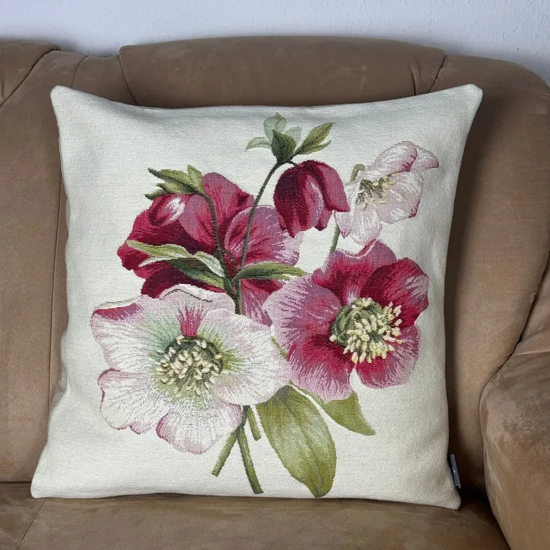 Coussin Blanc – Rose de Noël aux Fleurs Rouges (Tissage Jacquard)