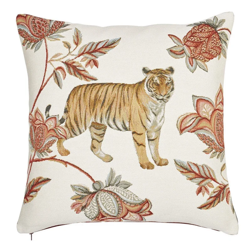 Coussin Blanc – Tigre Oriental et Fleurs (Tissage Jacquard)