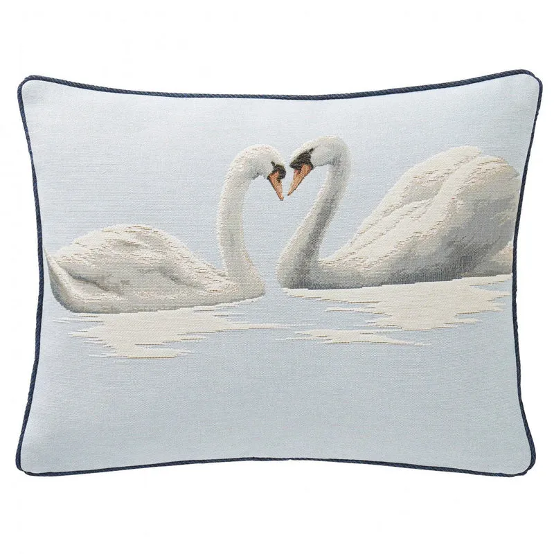 Coussin Bleu Ciel – Deux Cygnes sur le Lac (Tissage Jacquard)