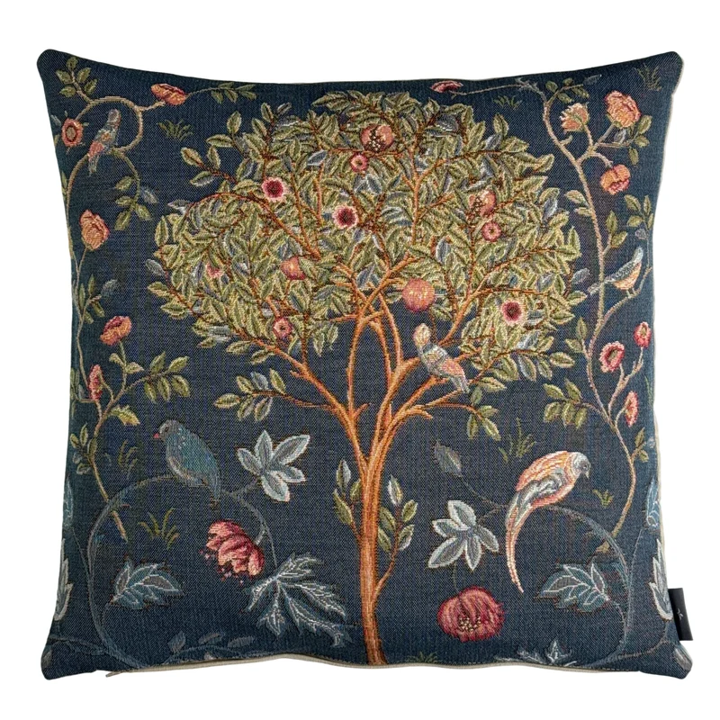 Coussin Bleu – Arbre avec Oiseaux (Tissage Jacquard)