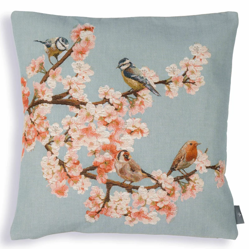Coussin Bleu – Oiseaux et Fleurs de Cerisier (Tissage Jacquard)