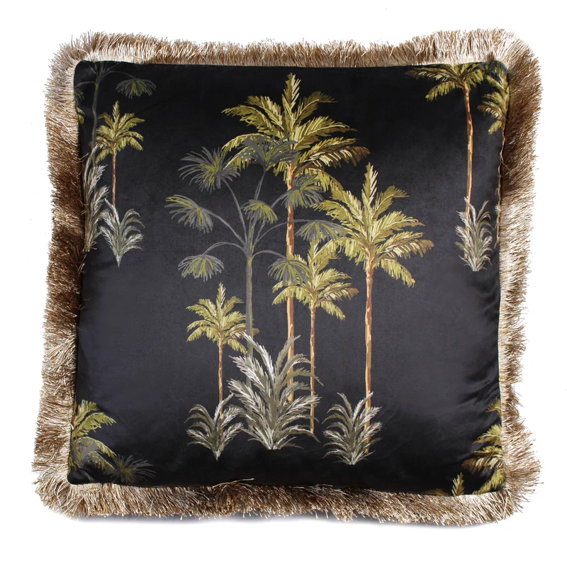 Coussin en velours avec des palmiers (noir)