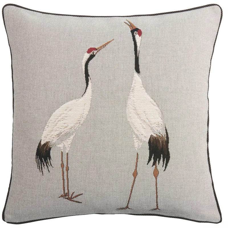 Coussin Gris – Deux Grues Blanches (Tapisserie Gobelin, Tissage Jacquard)