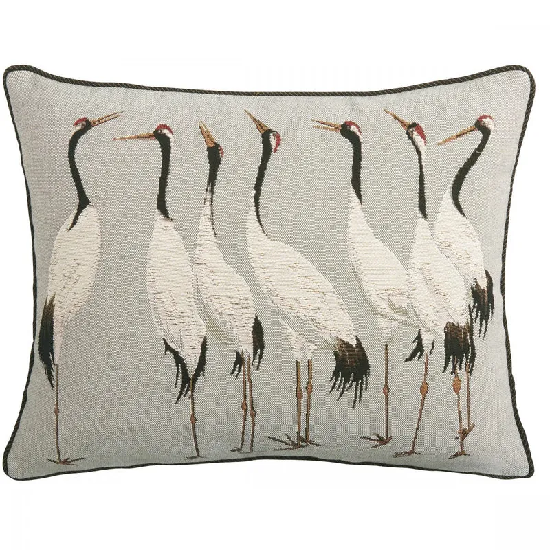 Coussin Gris – Sept Grues Blanches (Tapisserie Gobelin, Tissage Jacquard)