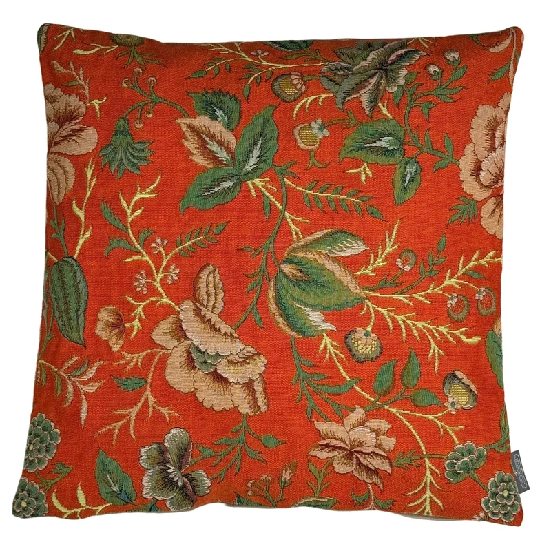 Coussin Orange – Motif de Pivoines, Inspiration Toile de Jouy (Tissage Jacquard)