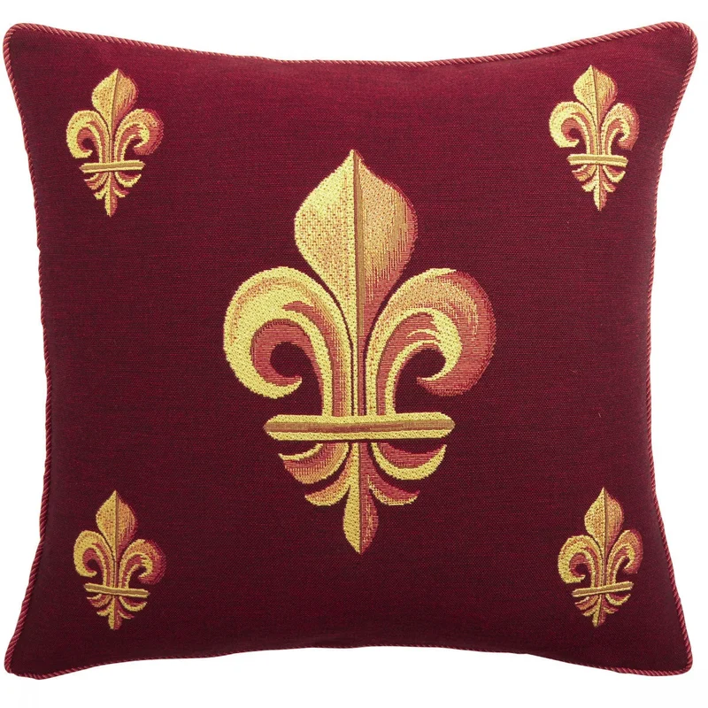 Coussin Rouge – Cinq Fleurs de Lys Dorées (Tissage Jacquard)