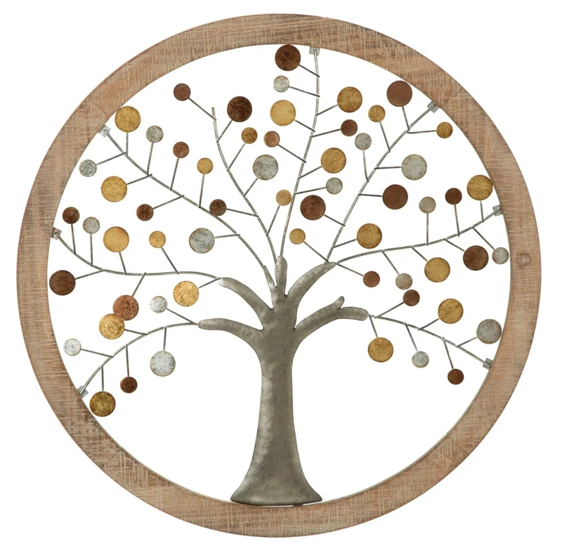 Décoration murale en forme d'arbre métallique (dans un cadre rond en bois)
