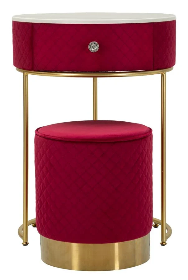 Table de chevet rouge avec pouf assorti et plateau en marbre – Coiffeuse Velit