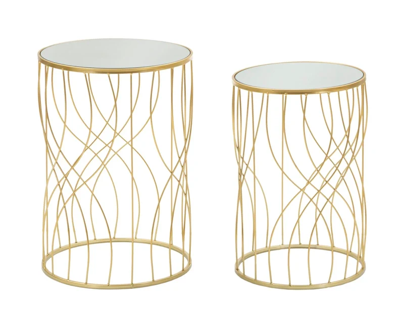 Table d’appoint ronde en métal doré et verre avec lignes géométriques (paire)