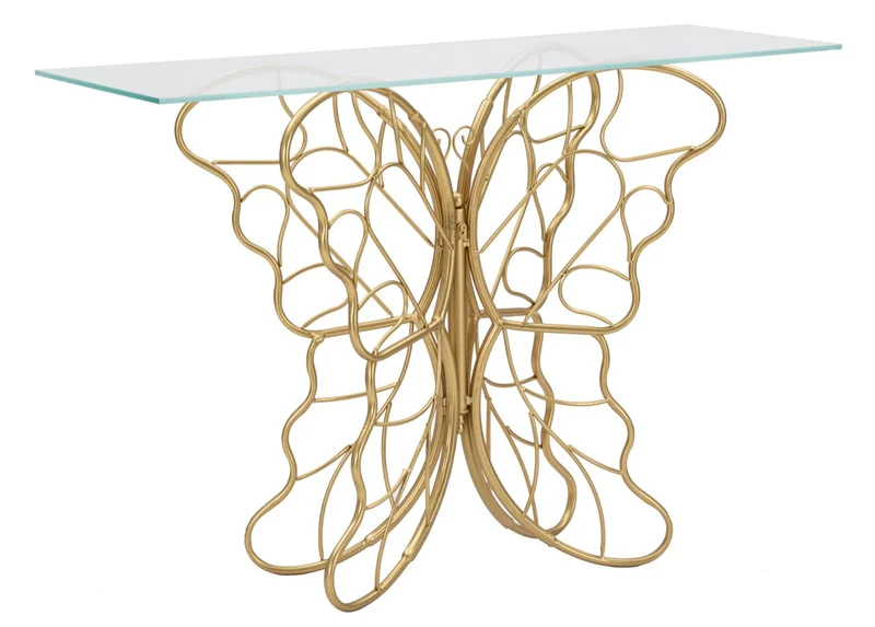 Table console en métal et verre avec papillon doré