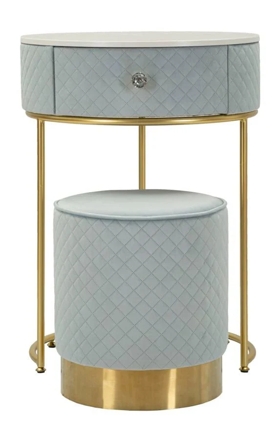 Table de chevet bleu clair avec pouf assorti et plateau en marbre – Coiffeuse Velit