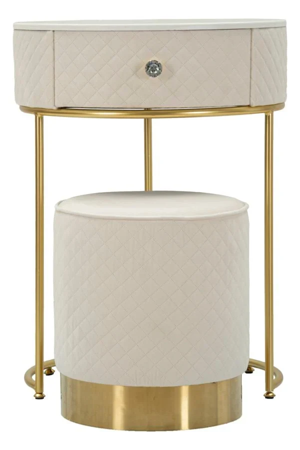 Table de chevet crème avec pouf assorti et plateau en marbre – Coiffeuse Velit