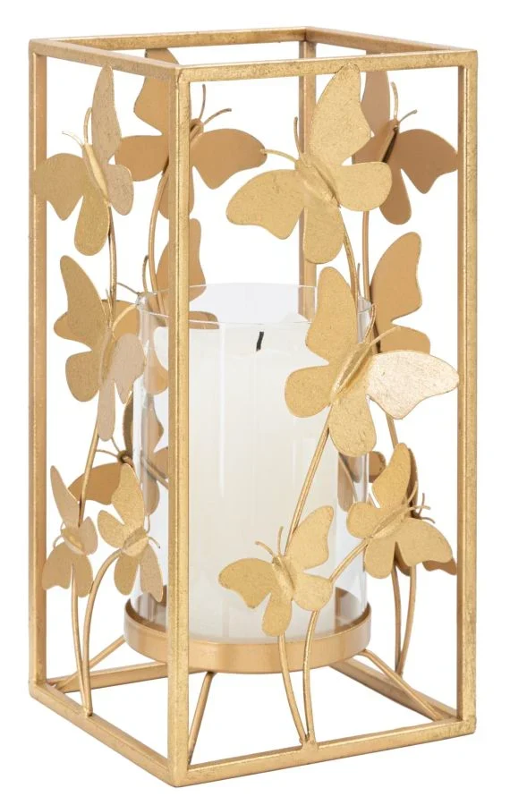 Bougeoir carré en métal doré avec papillon glamour
