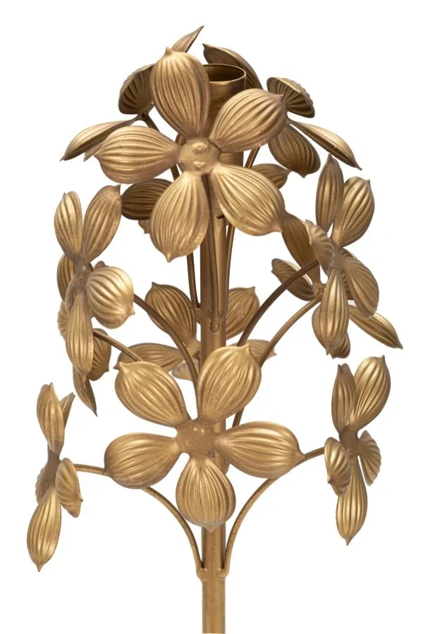 Bougeoir sur pied en métal doré au design floral