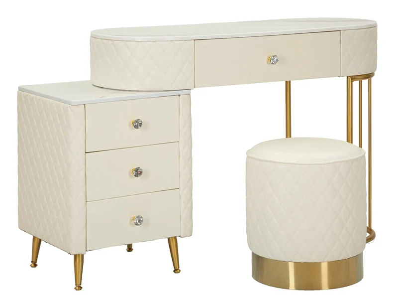 Bureau blanc avec tabouret assorti – Mobilier de chambre Sharon avec plateau en marbre