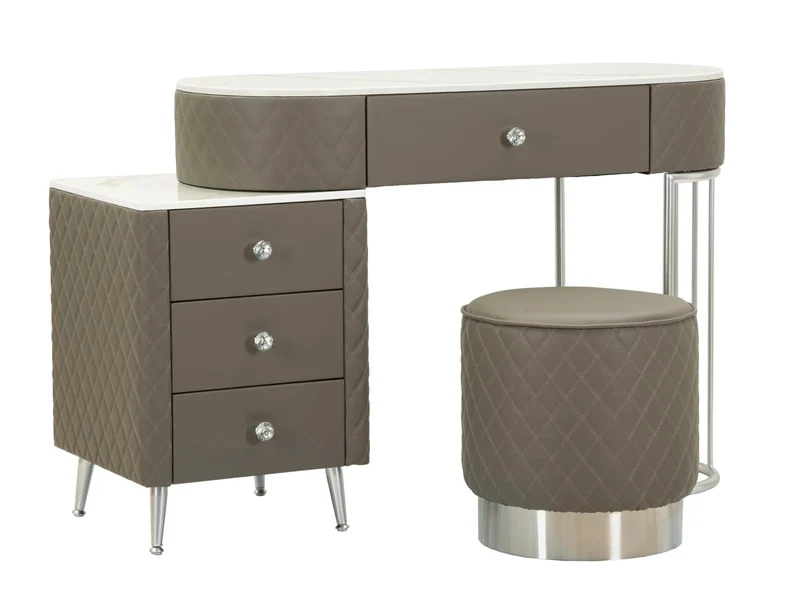 Bureau de lit gris avec tabouret et pieds argentés – Sharon Modern Style avec plateau en marbre