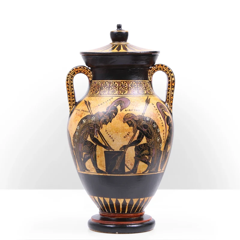 Urne Grecque à Figures Noires avec Scène Mythologique (Guerriers Grecs)