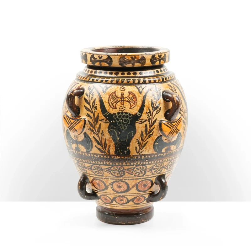 Vase Crétois Grec avec Hache de Taureau Minoen et Motif Feuillage