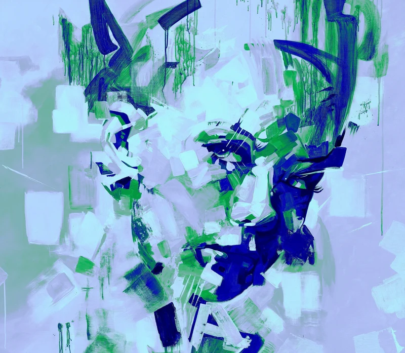 Peinture Fresque Contemporaine : Dame en Bleu (réalisée avec des techniques mixtes)