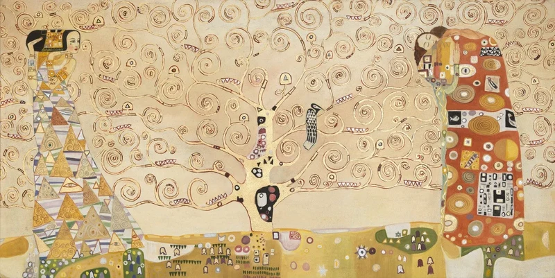 Peinture Fresque Contemporaine : L’Arbre de Vie par Gustav Klimt (Finition à la Feuille d’Or et Cristaux Swarovski)