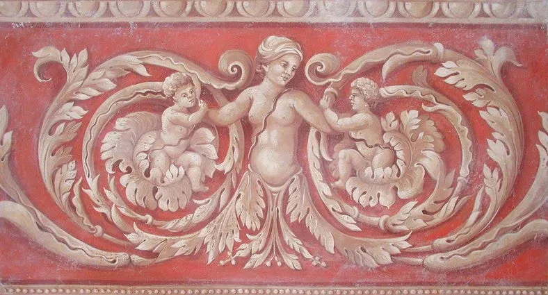 Peinture Fresque Renaissance : Frise ornementale sur fond rouge