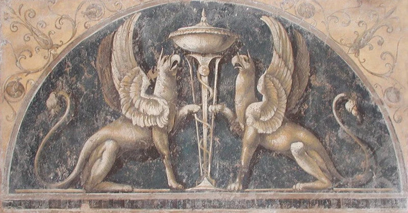 Peinture Fresque Renaissance : Griffon romain sur fond bleu